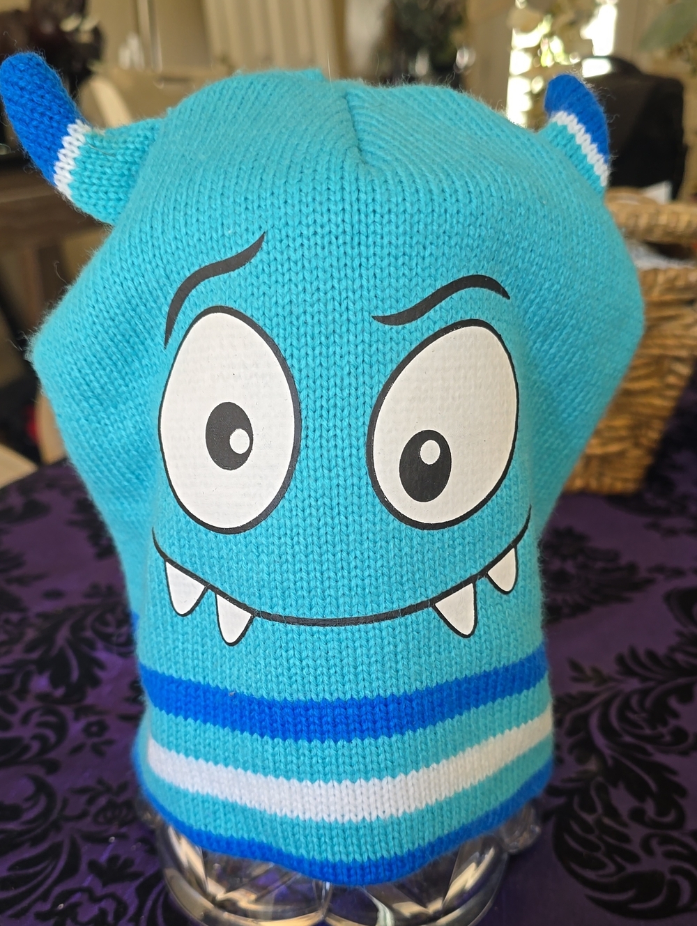 Kids Cartoon Monster Beanie in Bright Turquoise